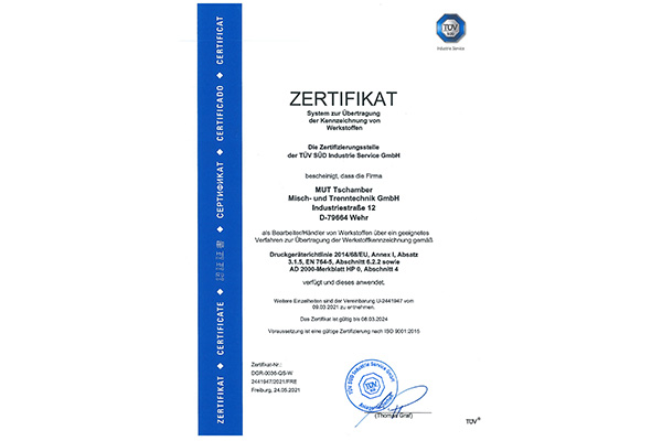 DGR Zertifikat Übertragung von Werkstoffen